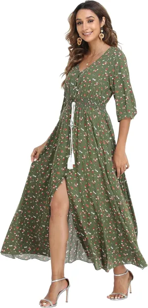 VintageClothing Women's Floral Maxi Dresses with Sleeves Flowy Boho Beach Dress