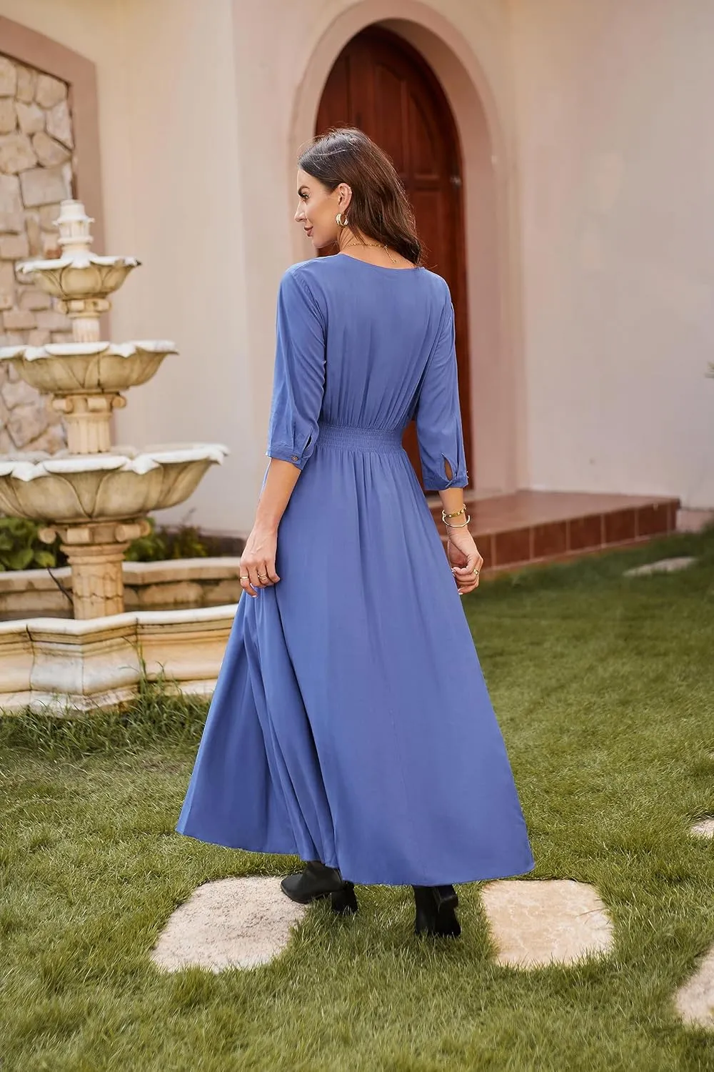 VintageClothing Women's Floral Maxi Dresses with Sleeves Flowy Boho Beach Dress