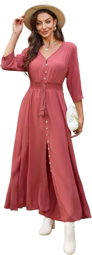 VintageClothing Women's Floral Maxi Dresses with Sleeves Flowy Boho Beach Dress