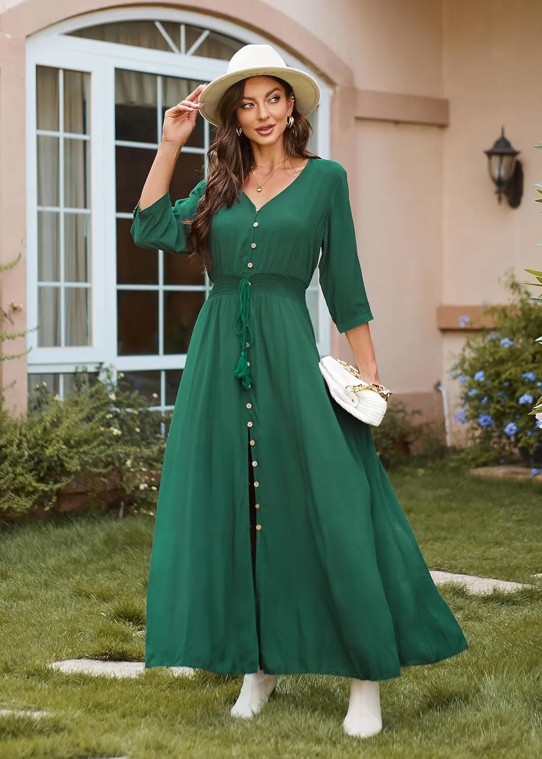 VintageClothing Women's Floral Maxi Dresses with Sleeves Flowy Boho Beach Dress