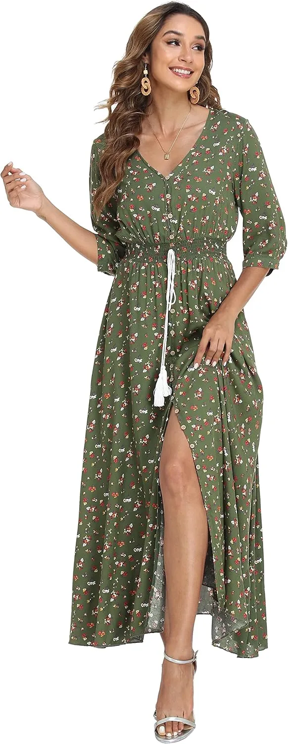 VintageClothing Women's Floral Maxi Dresses with Sleeves Flowy Boho Beach Dress