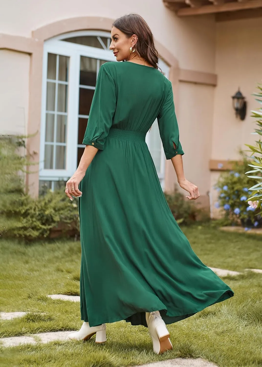 VintageClothing Women's Floral Maxi Dresses with Sleeves Flowy Boho Beach Dress