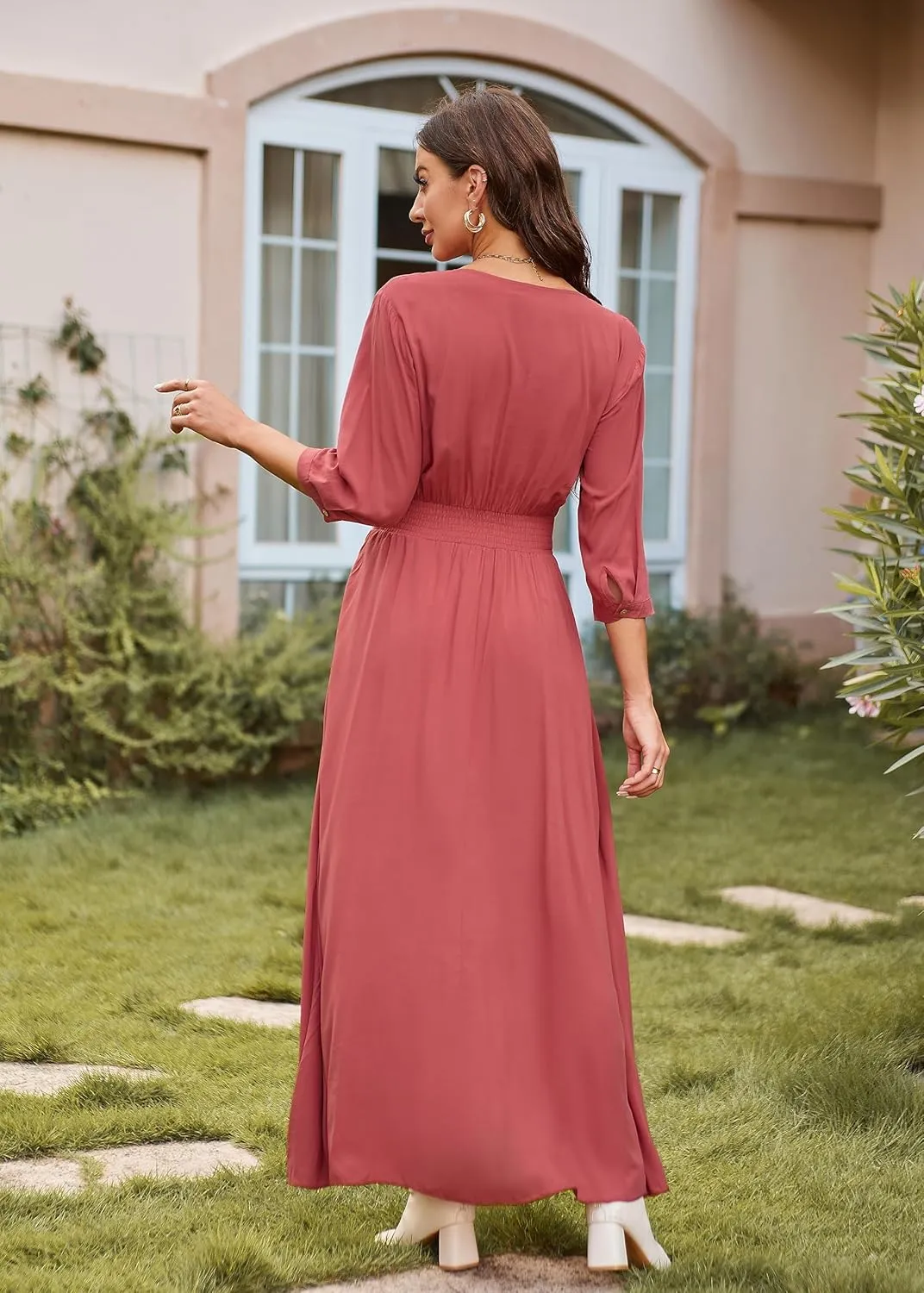 VintageClothing Women's Floral Maxi Dresses with Sleeves Flowy Boho Beach Dress