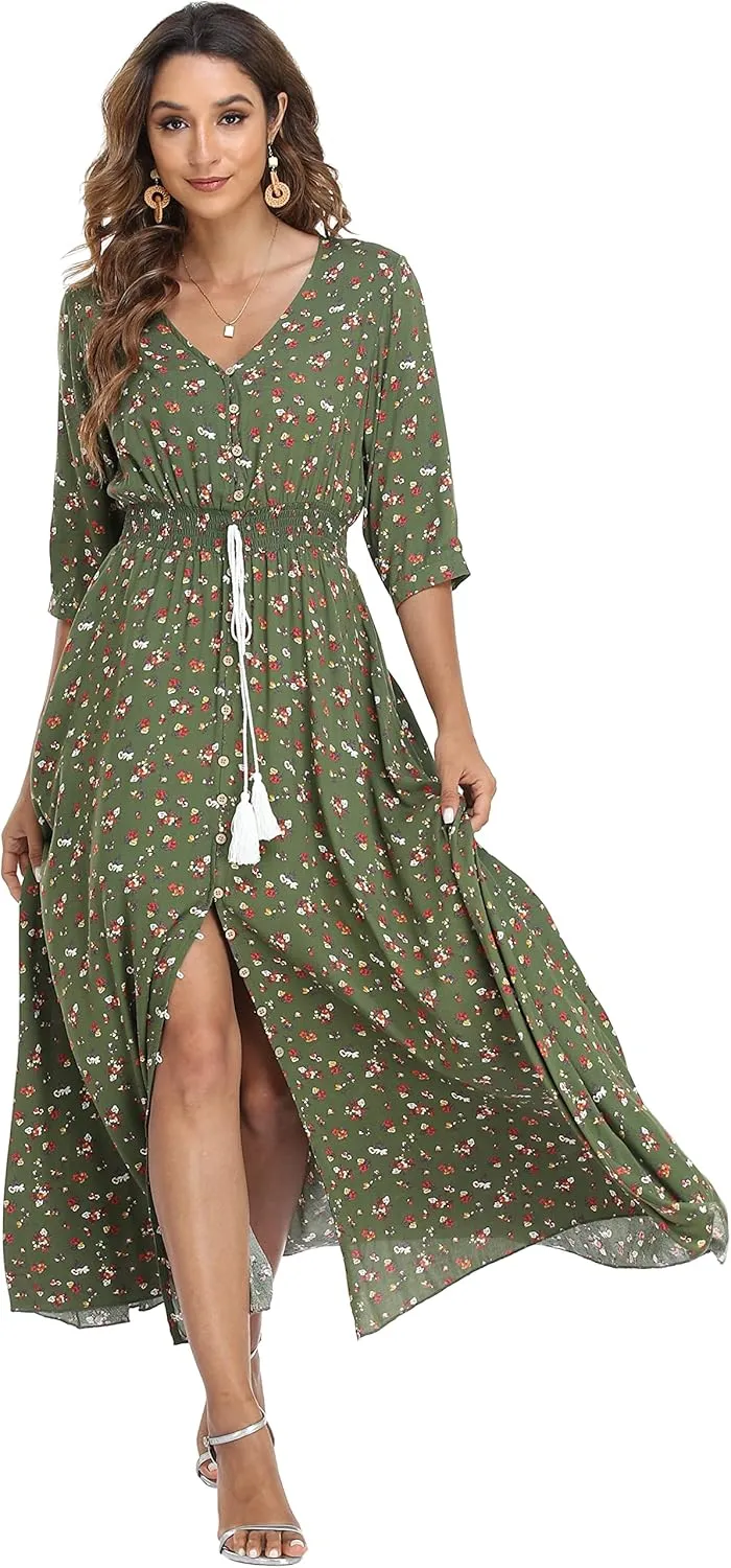 VintageClothing Women's Floral Maxi Dresses with Sleeves Flowy Boho Beach Dress