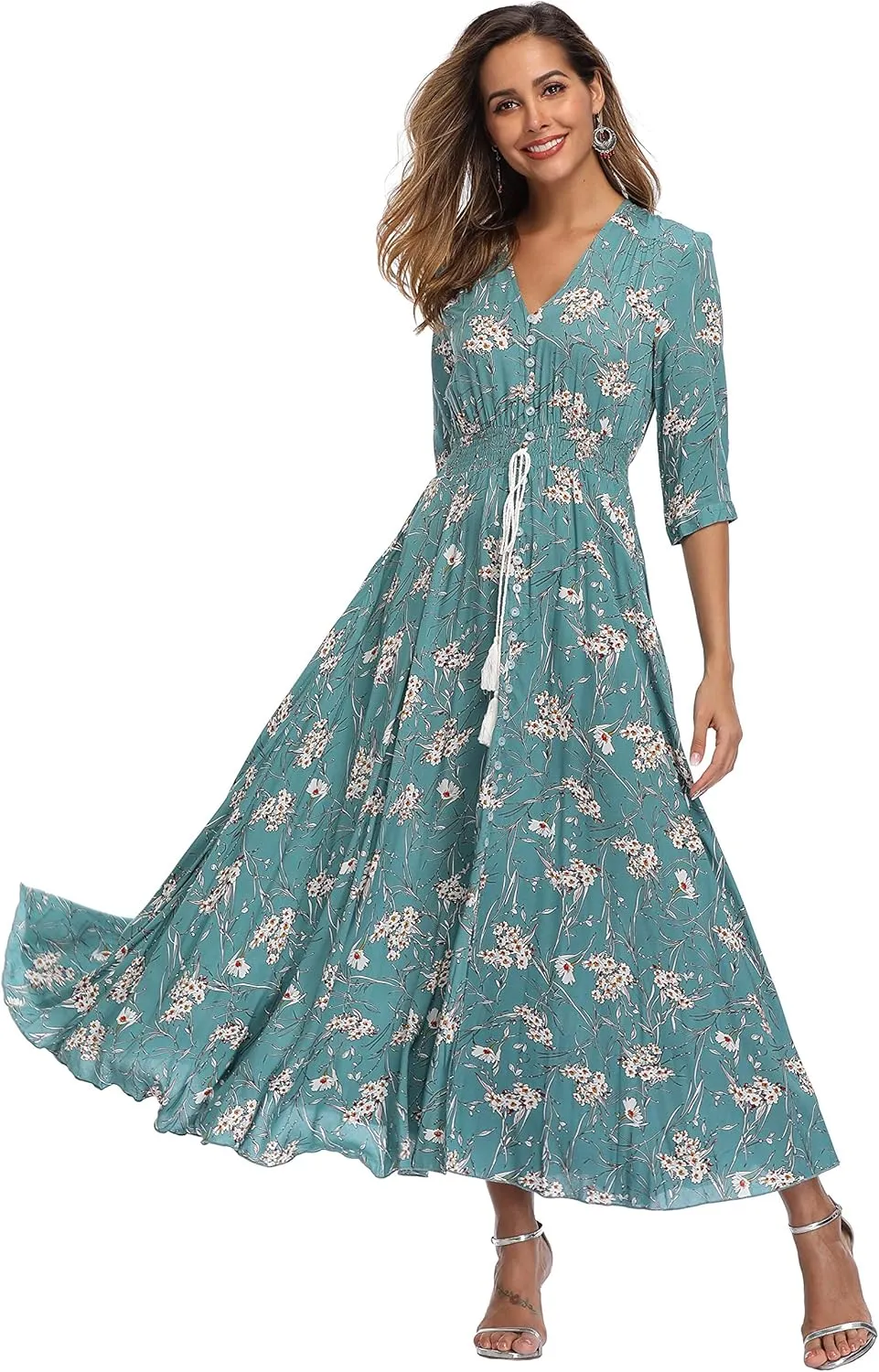VintageClothing Women's Floral Maxi Dresses with Sleeves Flowy Boho Beach Dress