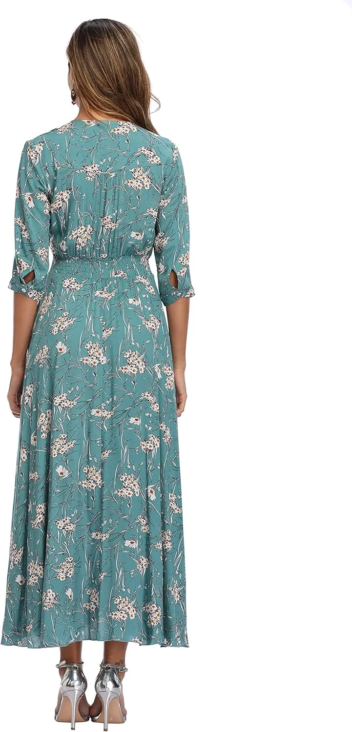VintageClothing Women's Floral Maxi Dresses with Sleeves Flowy Boho Beach Dress