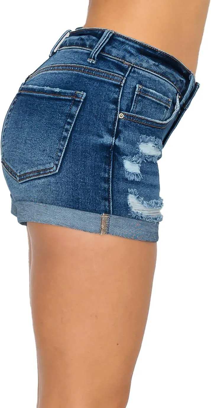 WAX JEAN Collection High Waisted Cuffed Distressed Denim Shorts