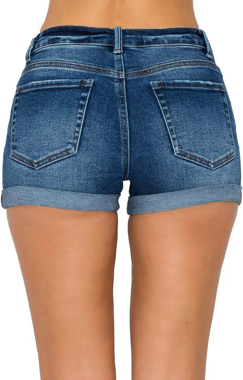 WAX JEAN Collection High Waisted Cuffed Distressed Denim Shorts