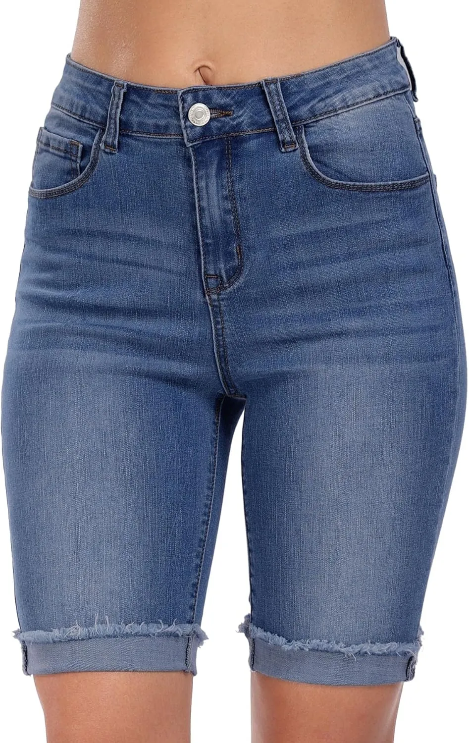 WAYRUNZ Denim Shorts Women Mid Waisted Folded Hem Jean Shorts
