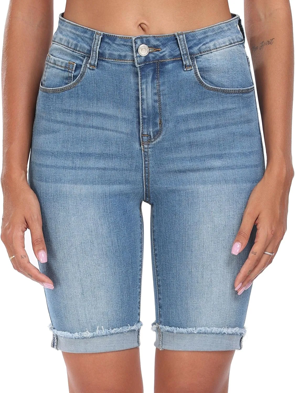WAYRUNZ Denim Shorts Women Mid Waisted Folded Hem Jean Shorts