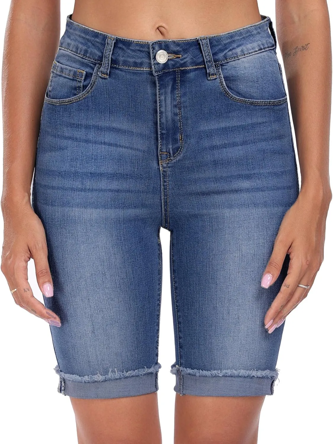 WAYRUNZ Denim Shorts Women Mid Waisted Folded Hem Jean Shorts