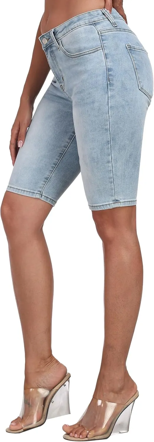 WAYRUNZ Denim Shorts Women Mid Waisted Folded Hem Jean Shorts