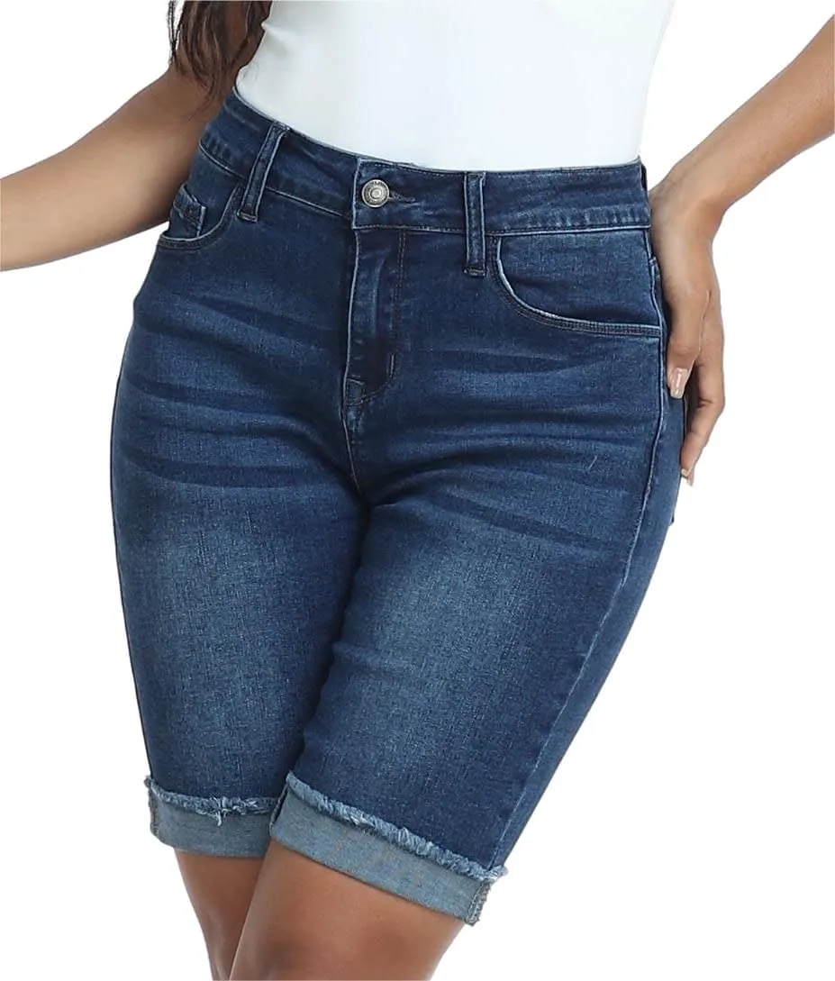 WAYRUNZ Denim Shorts Women Mid Waisted Folded Hem Jean Shorts