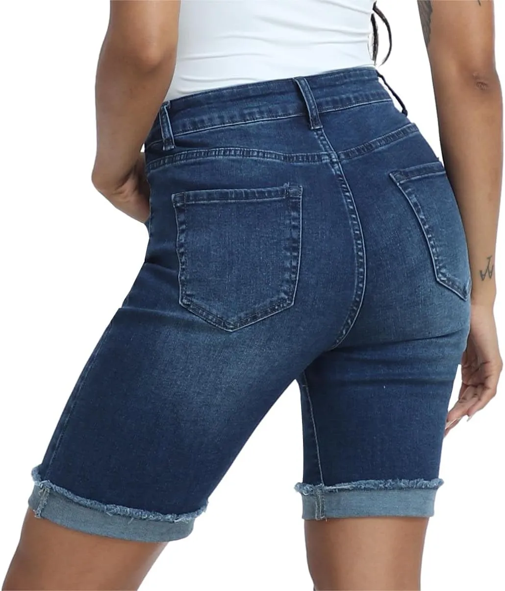 WAYRUNZ Denim Shorts Women Mid Waisted Folded Hem Jean Shorts