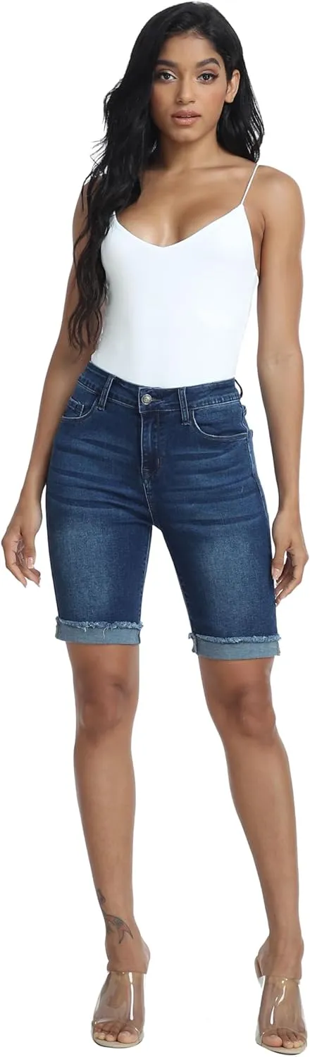 WAYRUNZ Denim Shorts Women Mid Waisted Folded Hem Jean Shorts