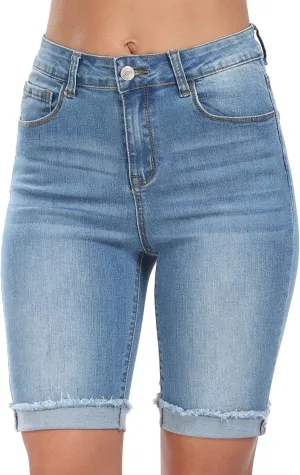 WAYRUNZ Denim Shorts Women Mid Waisted Folded Hem Jean Shorts