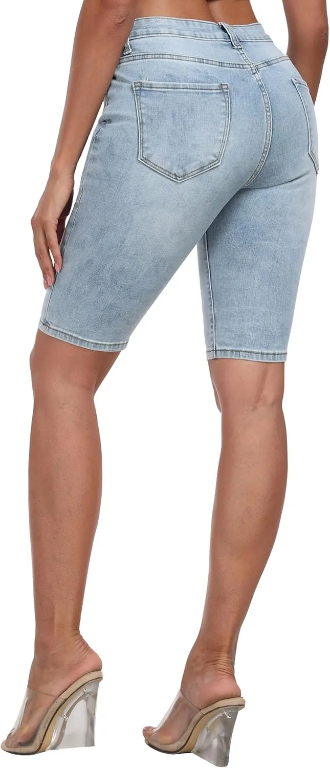 WAYRUNZ Denim Shorts Women Mid Waisted Folded Hem Jean Shorts