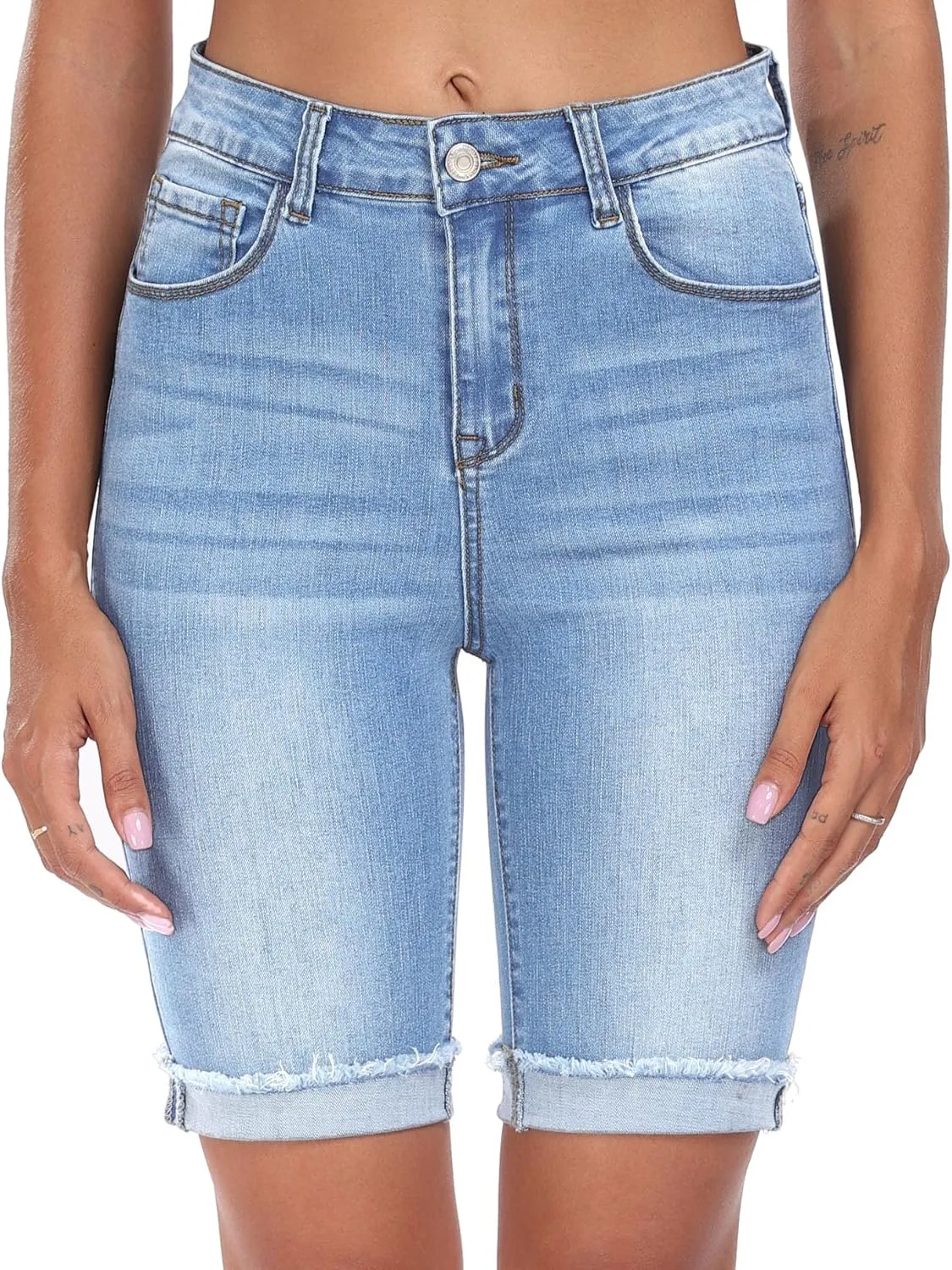WAYRUNZ Denim Shorts Women Mid Waisted Folded Hem Jean Shorts