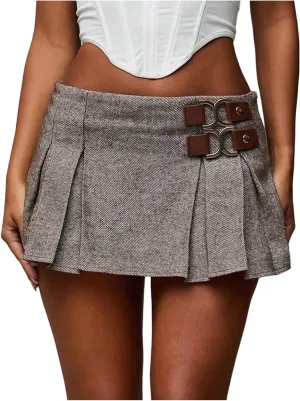 WDIRARA Women's Low Rise Pleated A Line Skirt Y2k Buckle Mini Skirts