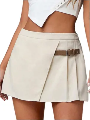 WDIRARA Women's Pleated Mini Skirt Y2k Buckle Detail Skater A Line Skirt