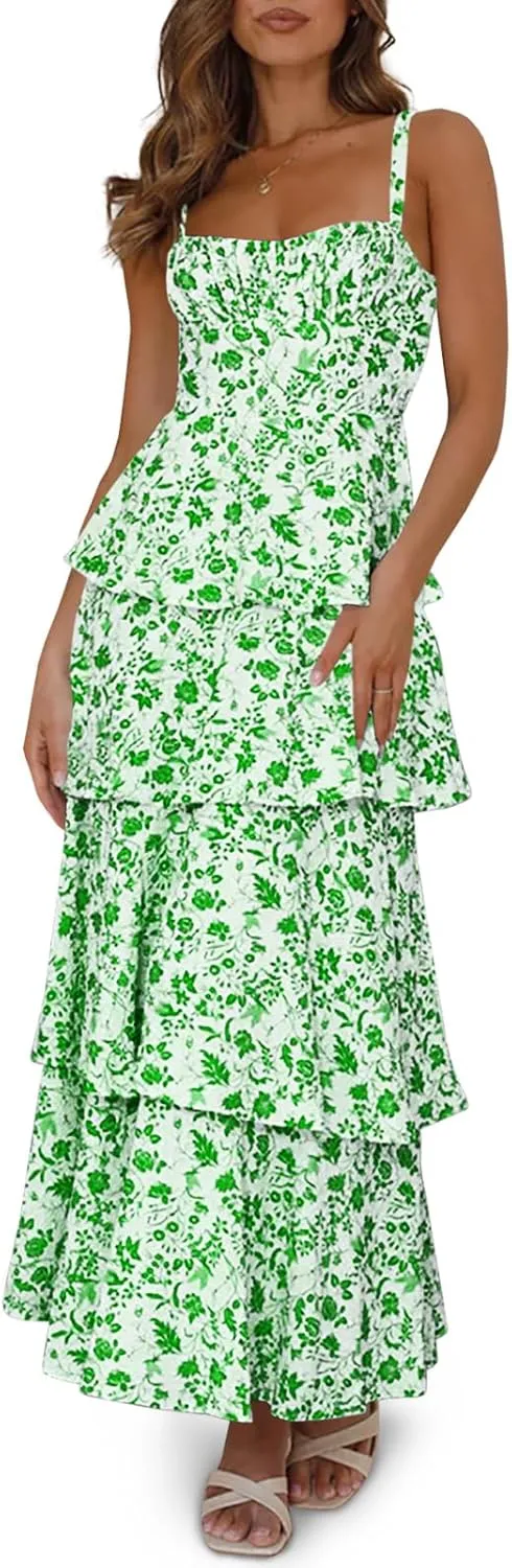 Wenrine Womens Summer Floral Maxi Dresses Sleeveless Spaghetti Strap Tie Back Ruffle Tiered Flowy Dresses