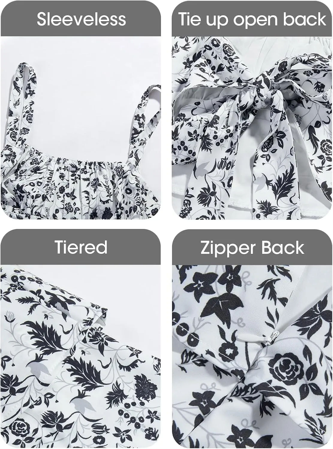 Wenrine Womens Summer Floral Maxi Dresses Sleeveless Spaghetti Strap Tie Back Ruffle Tiered Flowy Dresses