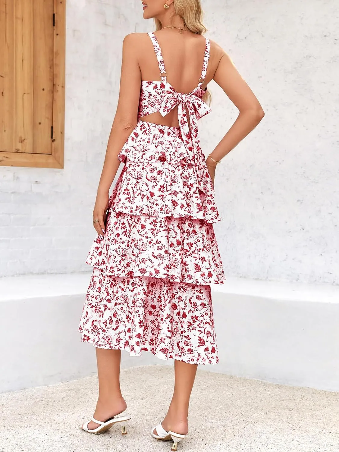 Wenrine Womens Summer Floral Maxi Dresses Sleeveless Spaghetti Strap Tie Back Ruffle Tiered Flowy Dresses
