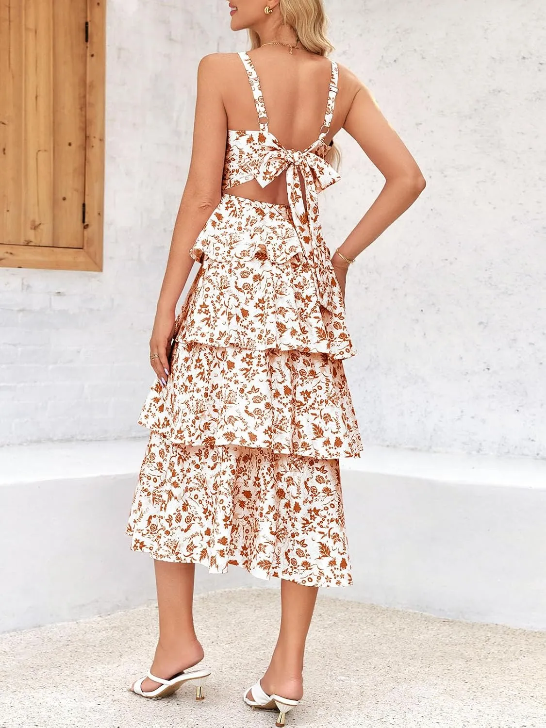 Wenrine Womens Summer Floral Maxi Dresses Sleeveless Spaghetti Strap Tie Back Ruffle Tiered Flowy Dresses