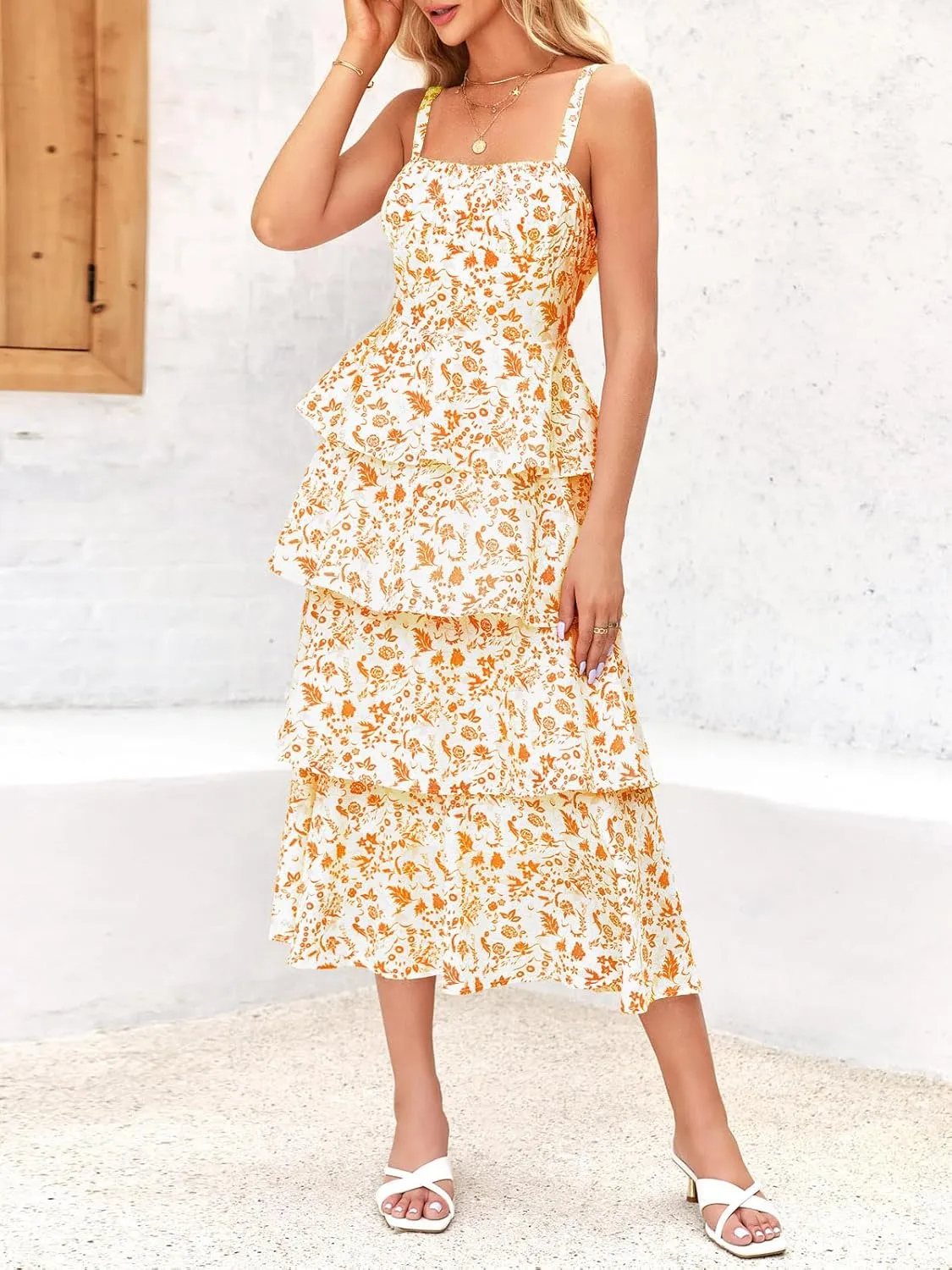Wenrine Womens Summer Floral Maxi Dresses Sleeveless Spaghetti Strap Tie Back Ruffle Tiered Flowy Dresses