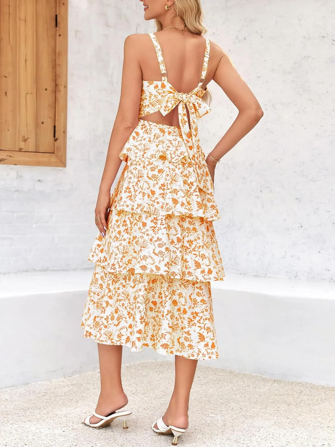 Wenrine Womens Summer Floral Maxi Dresses Sleeveless Spaghetti Strap Tie Back Ruffle Tiered Flowy Dresses