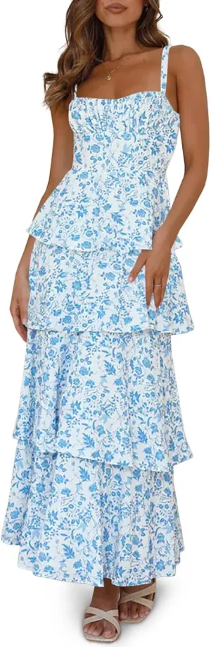 Wenrine Womens Summer Floral Maxi Dresses Sleeveless Spaghetti Strap Tie Back Ruffle Tiered Flowy Dresses