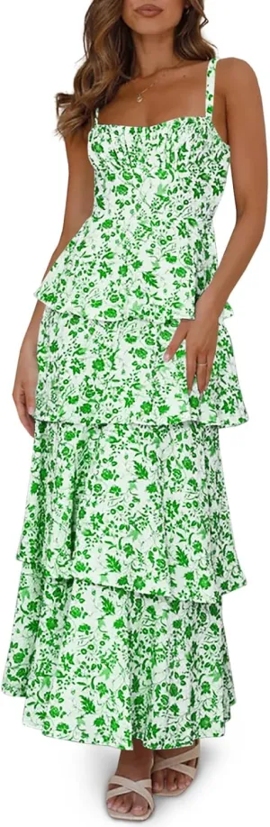 Wenrine Womens Summer Floral Maxi Dresses Sleeveless Spaghetti Strap Tie Back Ruffle Tiered Flowy Dresses