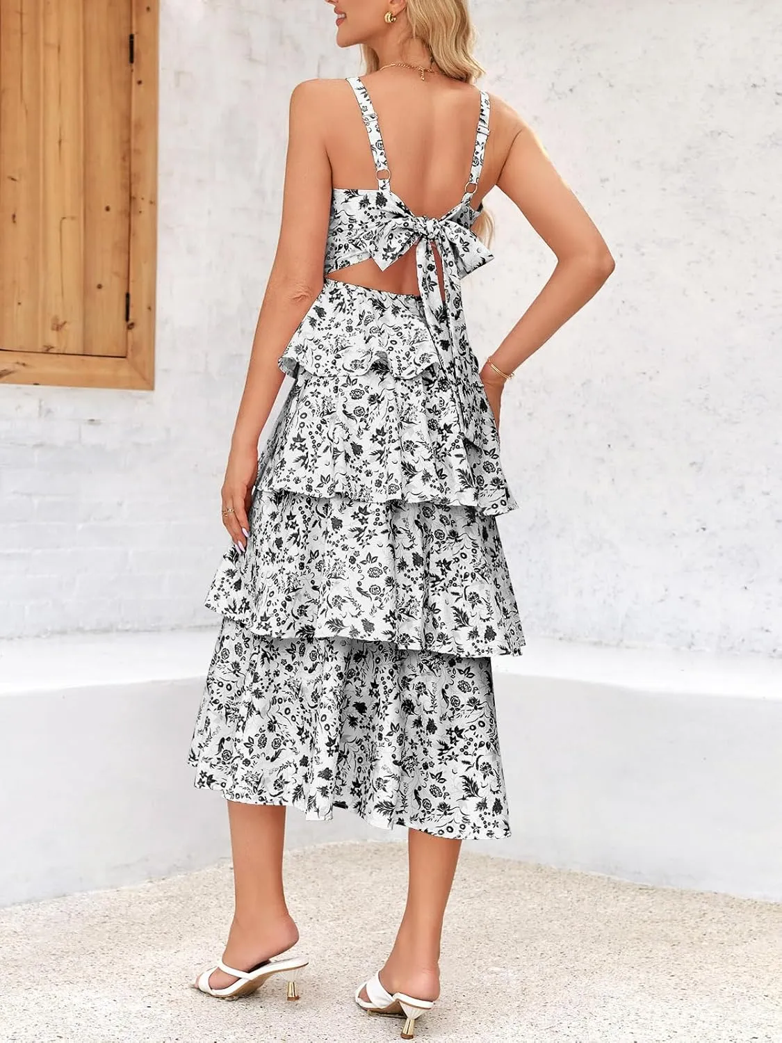 Wenrine Womens Summer Floral Maxi Dresses Sleeveless Spaghetti Strap Tie Back Ruffle Tiered Flowy Dresses