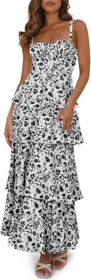 Wenrine Womens Summer Floral Maxi Dresses Sleeveless Spaghetti Strap Tie Back Ruffle Tiered Flowy Dresses
