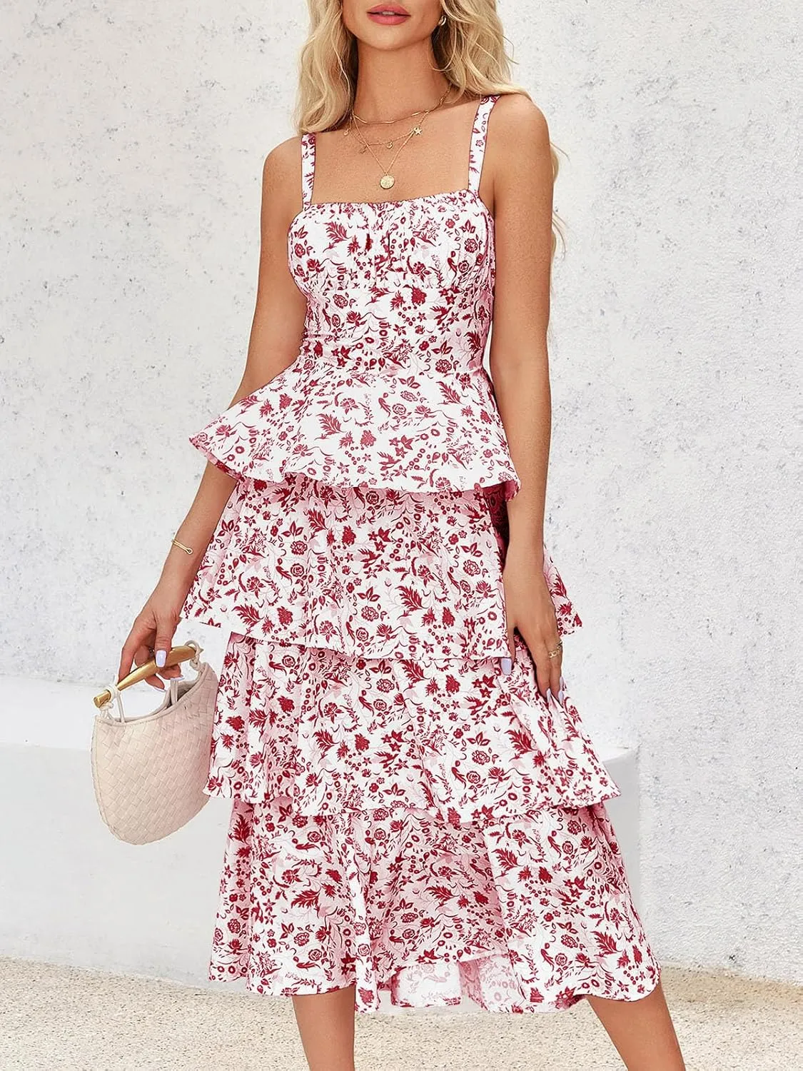 Wenrine Womens Summer Floral Maxi Dresses Sleeveless Spaghetti Strap Tie Back Ruffle Tiered Flowy Dresses