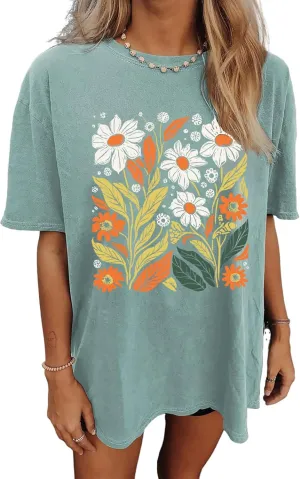 Wildflowers Shirt for Women Oversized Boho Wildflowers Tshirt Vintage Floral Graphic Tees Summer Flower Tops