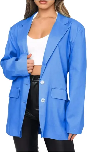 Wkishenl Women Long Sleeve Button Blazers Oversized Solid Notched Lapel Jackets Blazer 2024 Fashion Pocket Work Office Coats