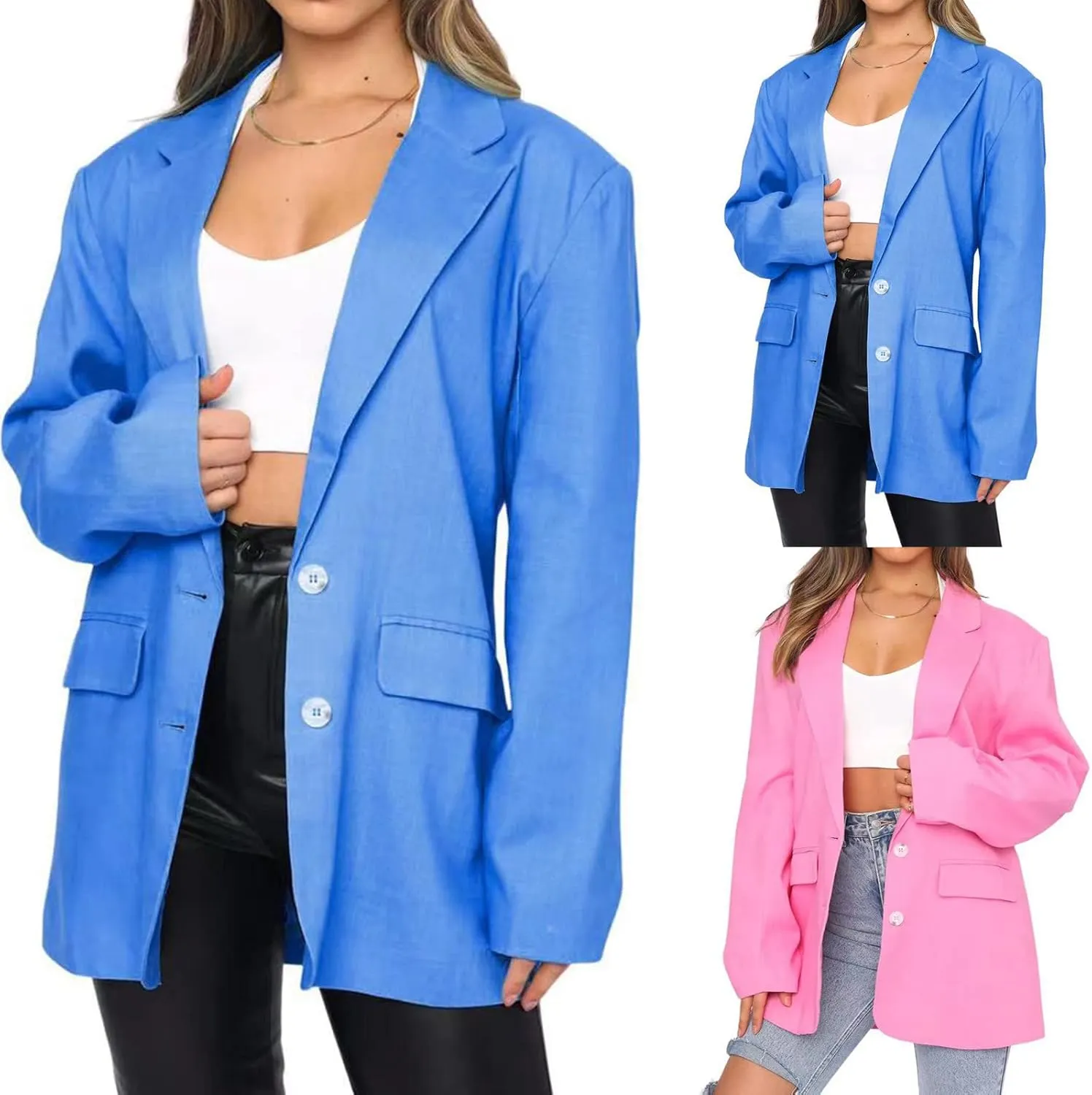 Wkishenl Women Long Sleeve Button Blazers Oversized Solid Notched Lapel Jackets Blazer 2024 Fashion Pocket Work Office Coats
