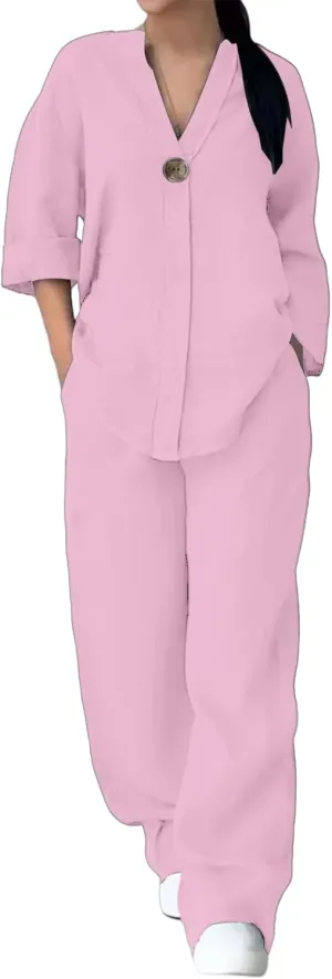 Women 2 Piece Cotton Linen Outfits Lightweight 3/4 Sleeve Crewneck Tunic Tops High Waist Long Pants Sets