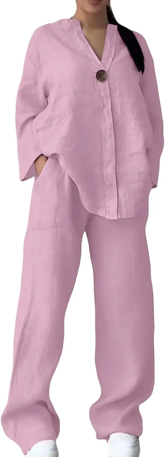 Women 2 Piece Cotton Linen Outfits Lightweight 3/4 Sleeve Crewneck Tunic Tops High Waist Long Pants Sets