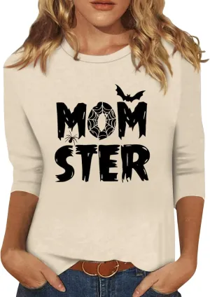 Women 3/4 Sleeve Shirts Tops Blouses Fashion Tunic Fall Clothes Casual Plus Size Basic Tops Pullover Halloween