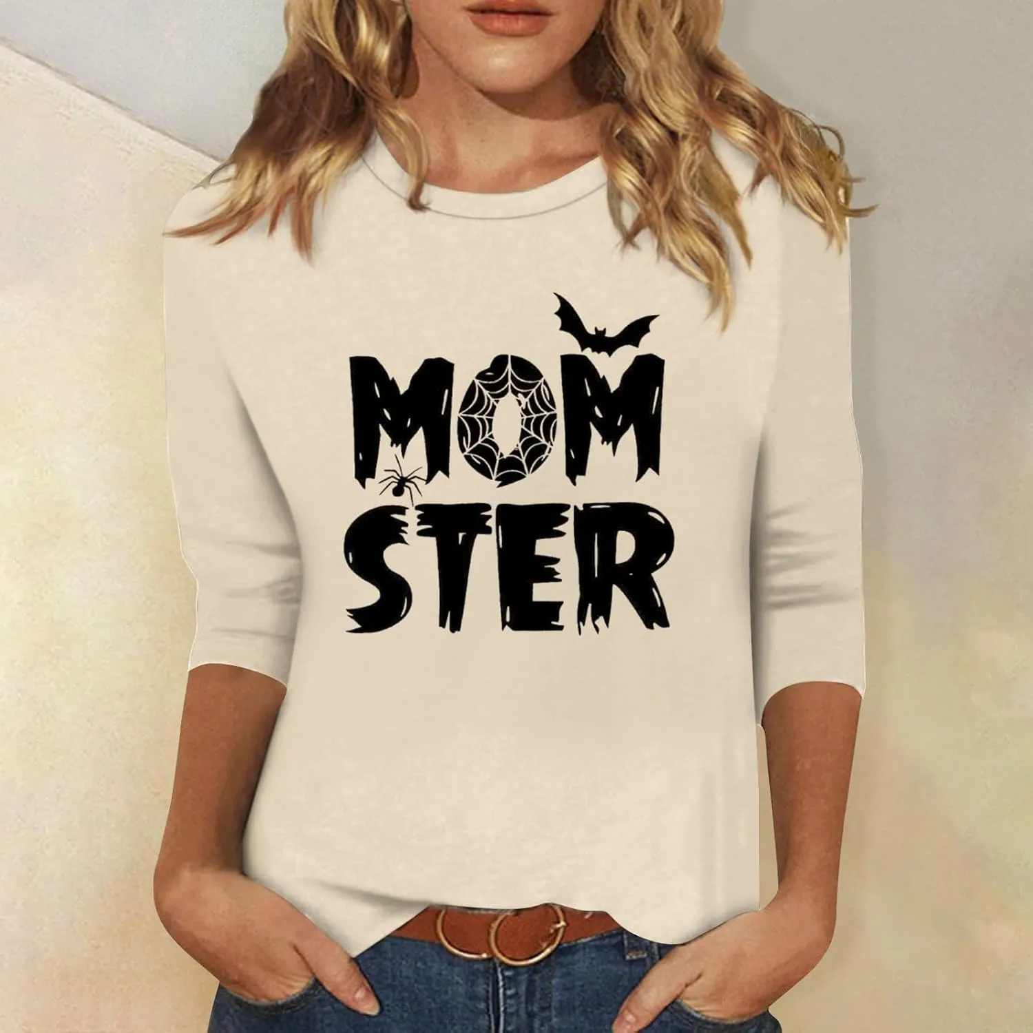 Women 3/4 Sleeve Shirts Tops Blouses Fashion Tunic Fall Clothes Casual Plus Size Basic Tops Pullover Halloween
