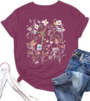 Women Boho Flower T Shirt Vintage Floral Graphic Shirt Botanical Tee Wildflowers Shirts Garden Lover Top