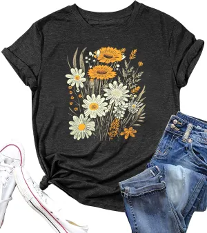 Women Boho Flower T Shirt Vintage Floral Graphic Shirt Botanical Tee Wildflowers Shirts Garden Lover Top