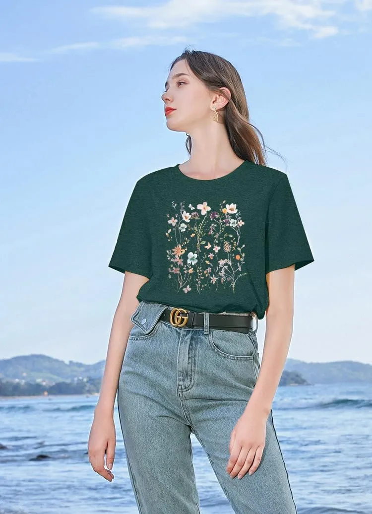 Women Boho Flower T Shirt Vintage Floral Graphic Shirt Botanical Tee Wildflowers Shirts Garden Lover Top