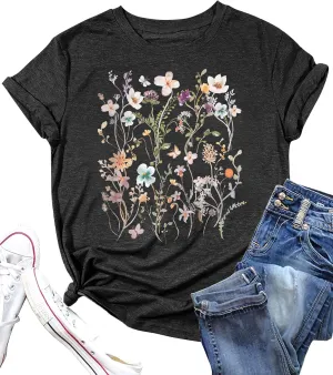 Women Boho Flower T Shirt Vintage Floral Graphic Shirt Botanical Tee Wildflowers Shirts Garden Lover Top