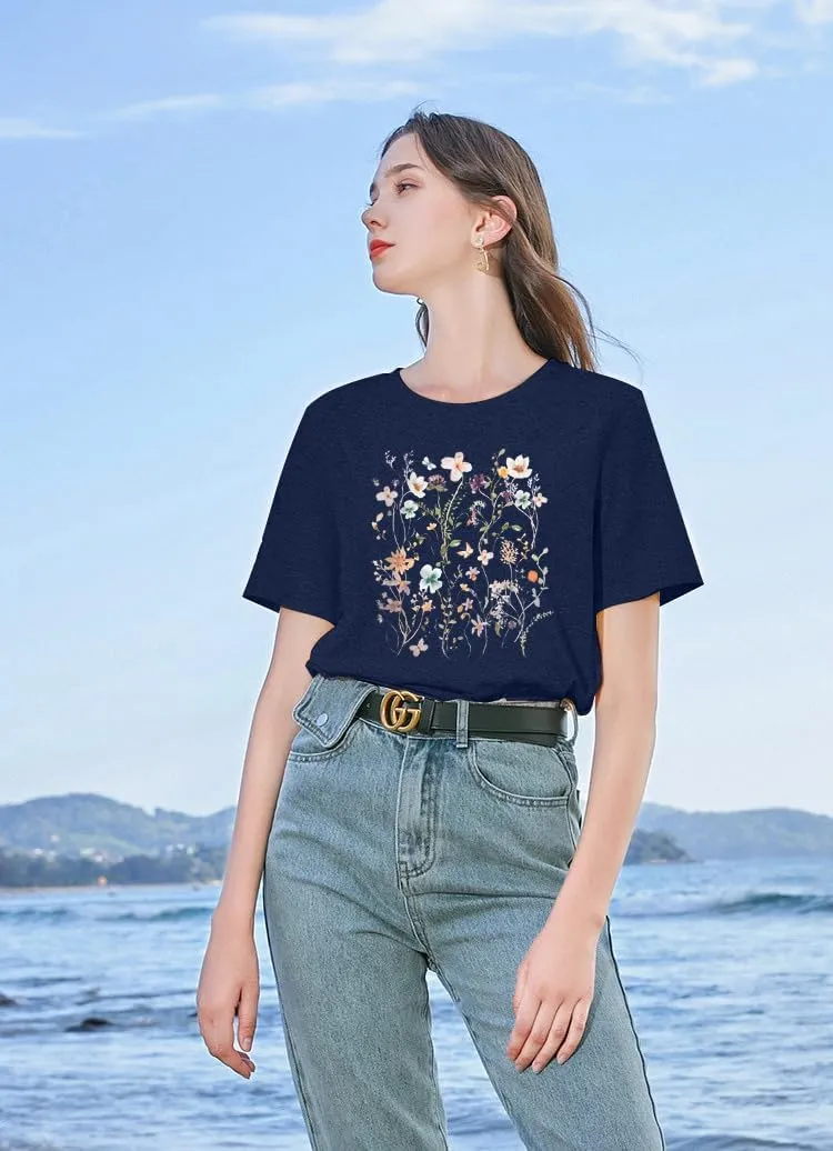 Women Boho Flower T Shirt Vintage Floral Graphic Shirt Botanical Tee Wildflowers Shirts Garden Lover Top