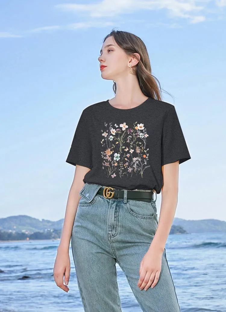 Women Boho Flower T Shirt Vintage Floral Graphic Shirt Botanical Tee Wildflowers Shirts Garden Lover Top