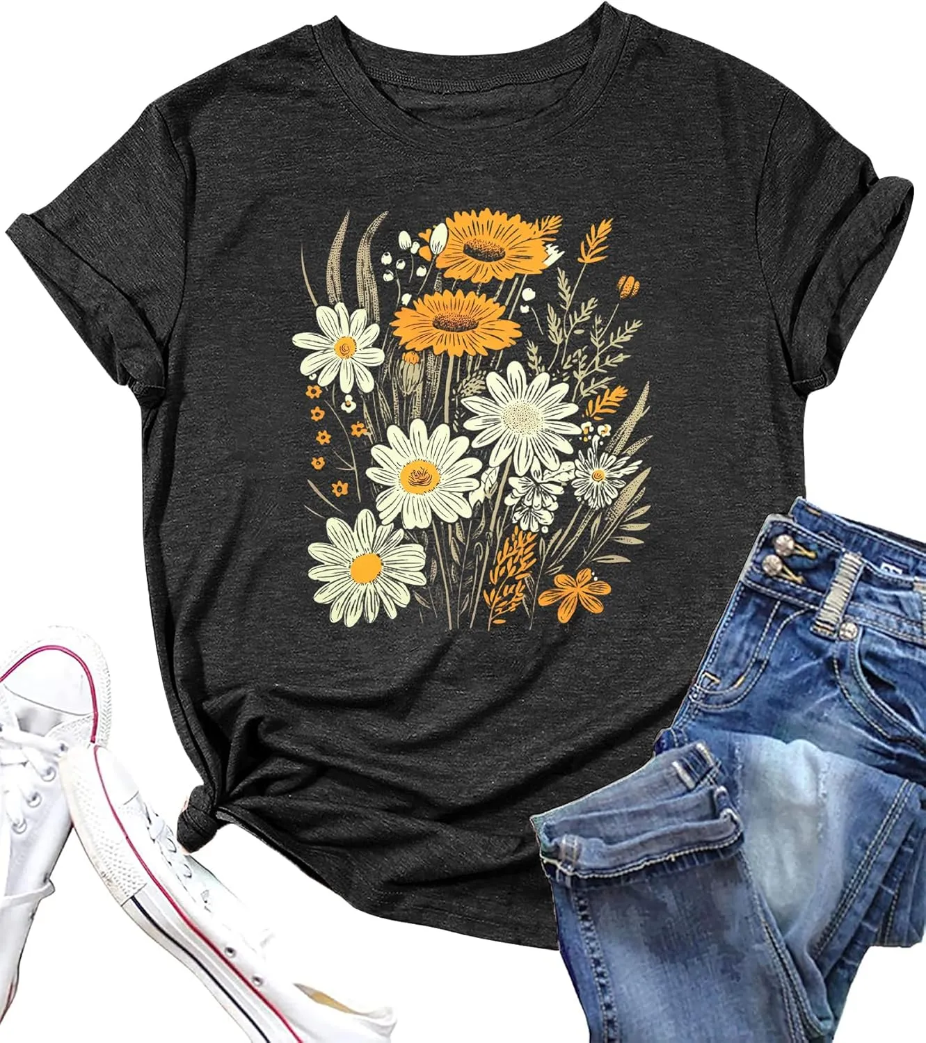 Women Boho Flower T Shirt Vintage Floral Graphic Shirt Botanical Tee Wildflowers Shirts Garden Lover Top