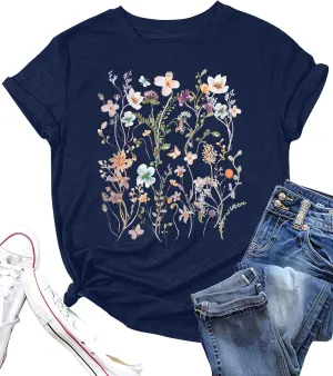 Women Boho Flower T Shirt Vintage Floral Graphic Shirt Botanical Tee Wildflowers Shirts Garden Lover Top